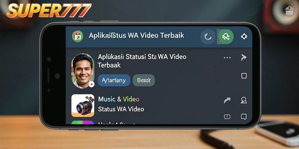 Tampilan antarmuka aplikasi SUPER777 saat memilih video untuk status WA.